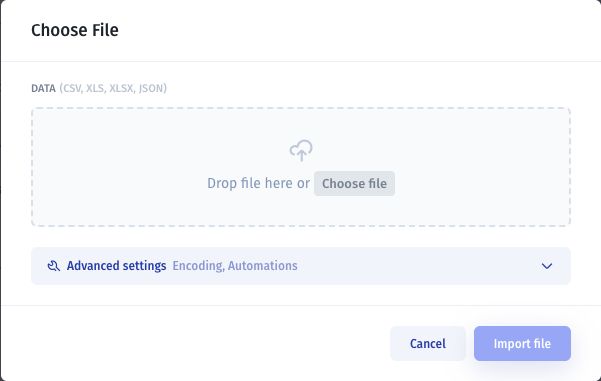 Import from File dialog with Choose File and Import file