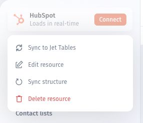 HubSpot resource menu with Sync Structure